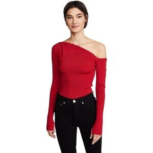 Bailey 44 One-Shoulder Red Ribbed Long-Sleeve Top